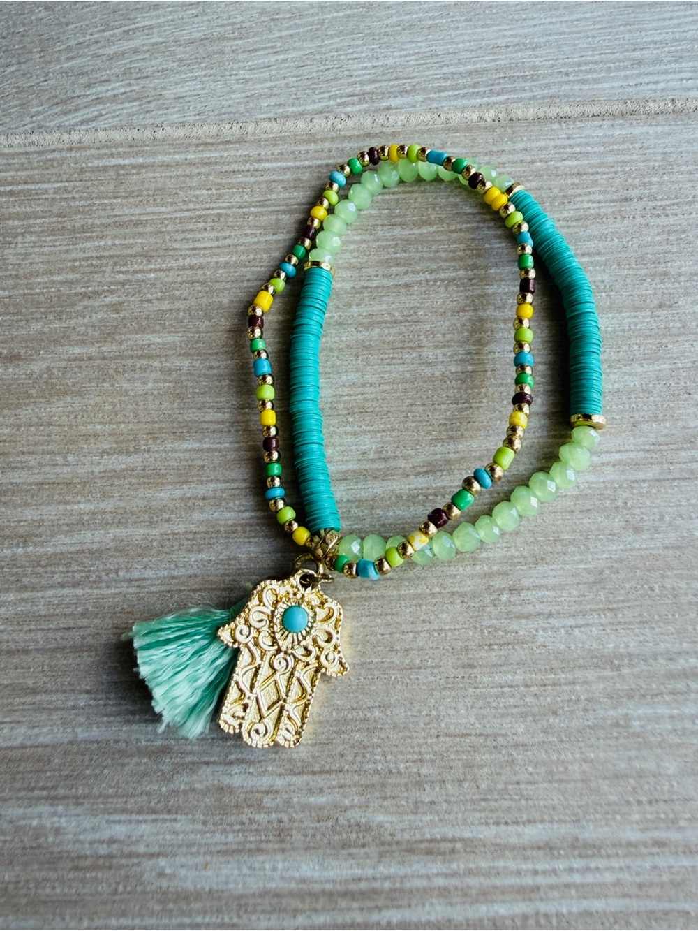 Gold Hamsa Beaded Bracelet with Mint and Turquoise Accents